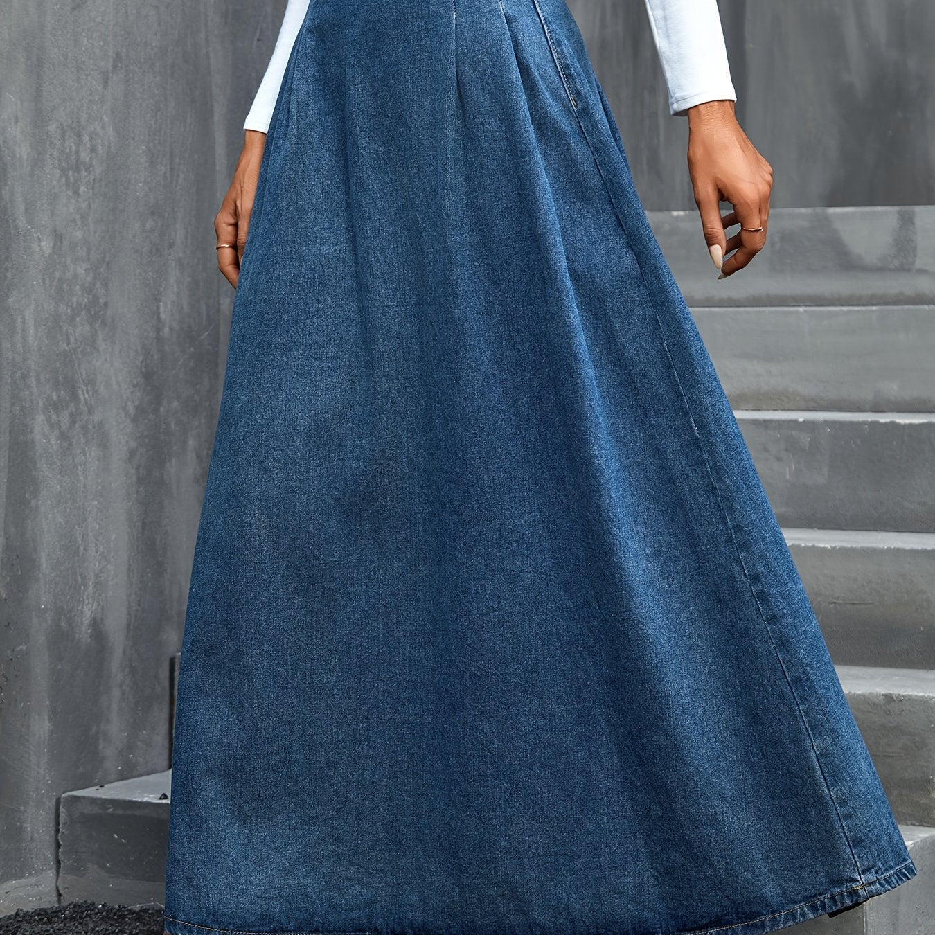 xieyinshe  Blue Paperbag Waist Denim Maxi Skirt, Non-Stretch Elegant Denim Skirt, Women's Denim Clothing