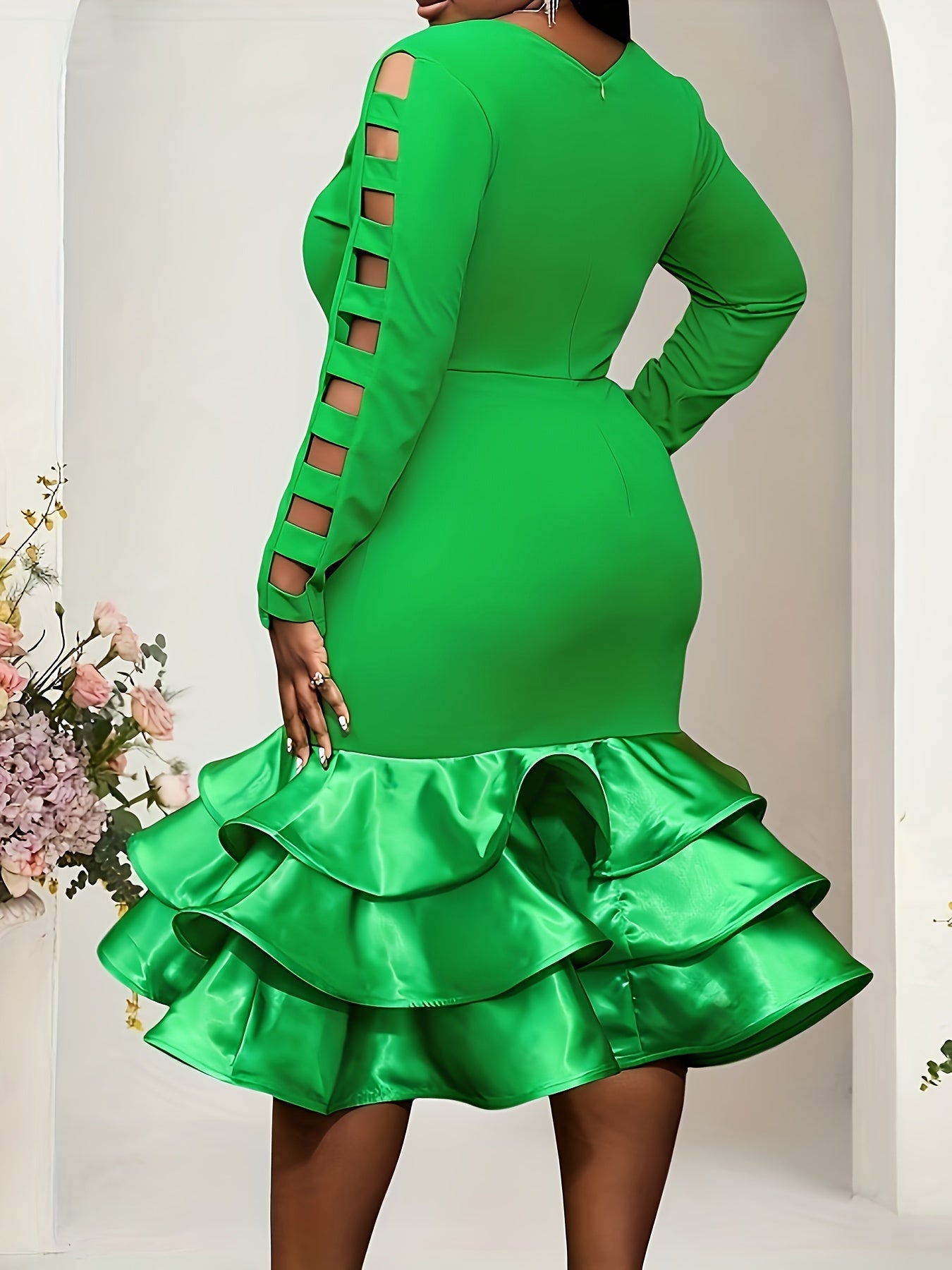 Plus Size Solid Cut Out Layered Ruffle Hem Dress, Elegant Long Sleeve Slim V-neck Dress For Party & Banquet, Women's Plus Size Clothing