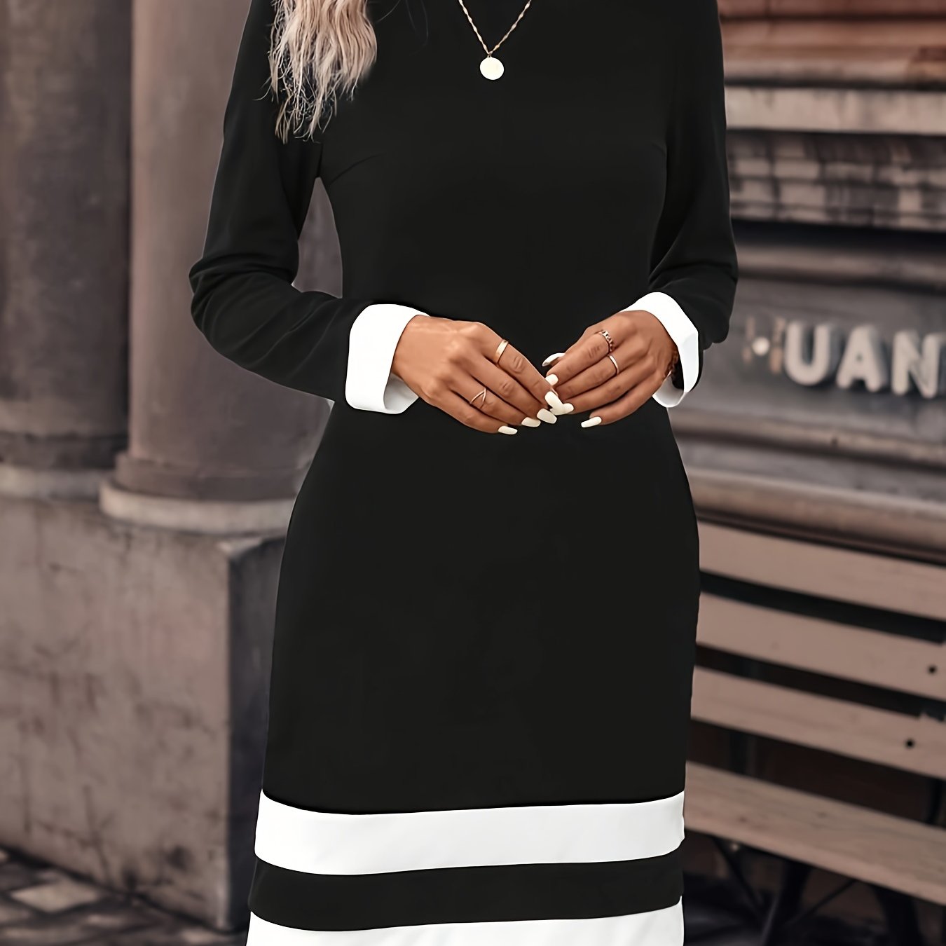 xieyinshe  Color Block Long Sleeve Dress, Casual Crew Neck A-line Knee Length Dress, Women's Clothing