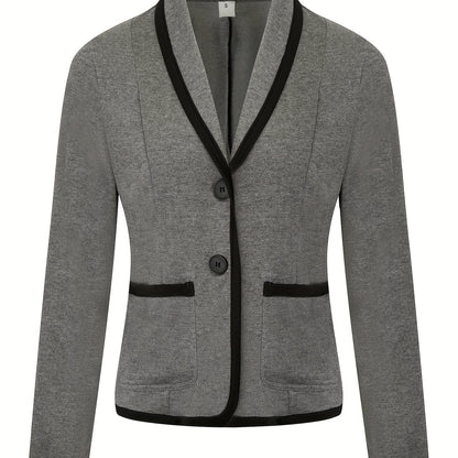 xieyinshe  Contrast Trim Shawl Collar Blazer, Casual Dual Pockets Long Sleeve Button Blazer, Women's Clothing