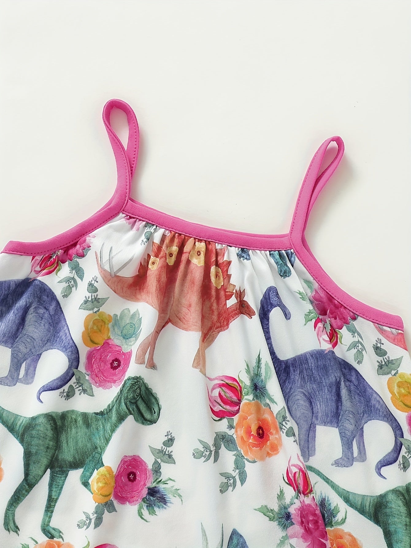 2-Piece Adorable Dinosaur & Floral Print Cami Dress Set - Breathable, Comfortable Cotton - Perfect for Summer Adventures and Parties