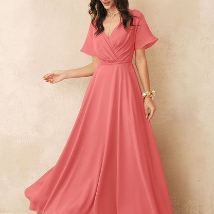 ALICEPUB Wrap V-Neck Bridesmaid Dress Chiffon Long Maxi Formal Dress For Women Party Evening Short Sleeves