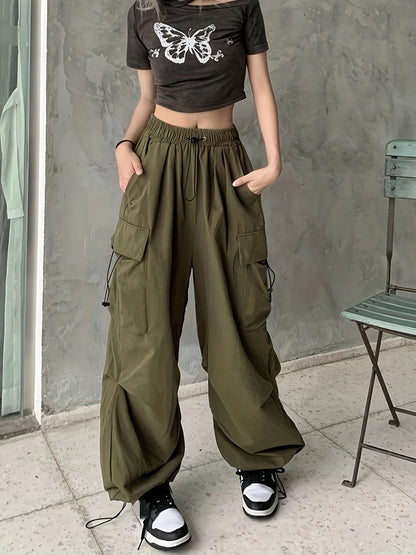 xieyinshe  Y2K Drawstring Cargo Pants, Elastic Waist Baggy Pants With Pockets, Women's Clothing