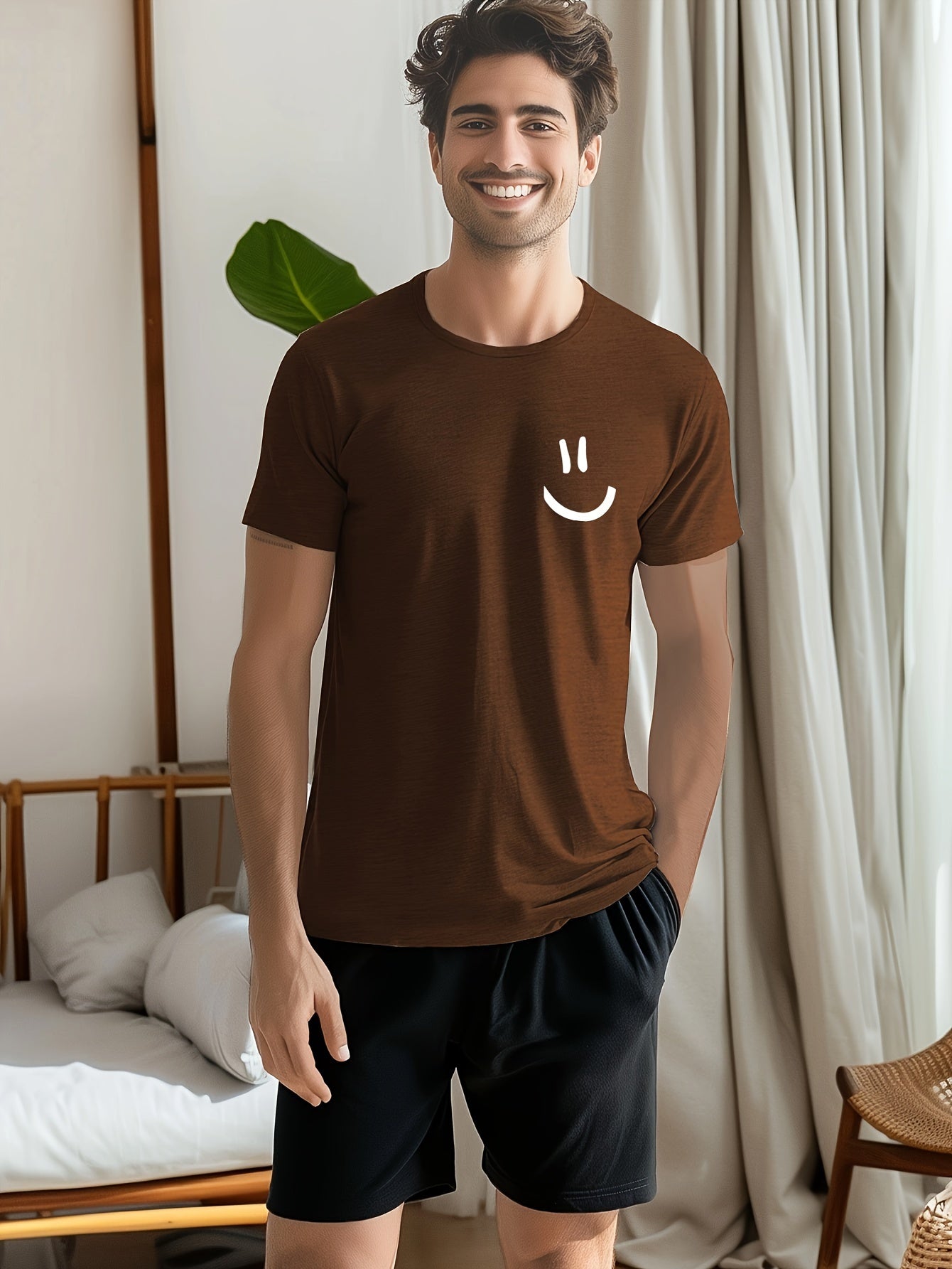 Men's Smile Face Print Short Sleeve Pajama T-Shirts, Fashion Design With Solid Color & Crew Neck, For Summer Sleep Wear