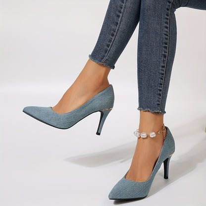 xieyinshe  Women's Blue Denim Stiletto Heels, Elegant Point Toe Dress Pumps, Fashion Slip On Heels