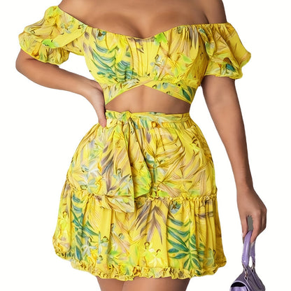 xieyinshe Plants Print Casual Two-piece Set, Off Shoulder Short Sleeve Tops & Lettuce Trim Skirts Outfits, Women's Clothing