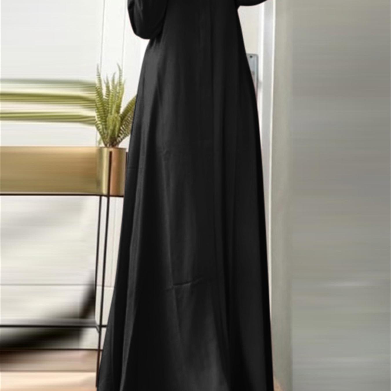 xieyinshe  Plus Size Solid Maxi Kaftan Dress, Elegant Crew Neck Long Sleeve Dress, Women's Plus Size Clothing