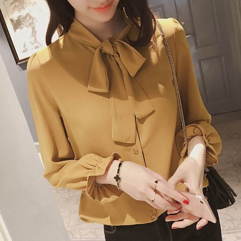 XIWYINSHE Spring and Autumn Clothing Lantern Sleeve Shirt Korean Style Loose Bow Top Drawstring Chiffon Shirt Women's Long Sleeve Fashion