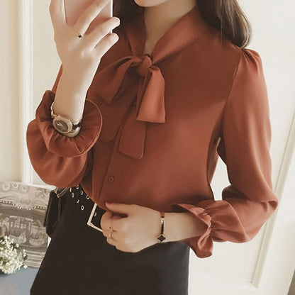 XIWYINSHE Spring and Autumn Clothing Lantern Sleeve Shirt Korean Style Loose Bow Top Drawstring Chiffon Shirt Women's Long Sleeve Fashion