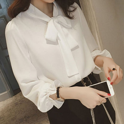 XIWYINSHE Spring and Autumn Clothing Lantern Sleeve Shirt Korean Style Loose Bow Top Drawstring Chiffon Shirt Women's Long Sleeve Fashion