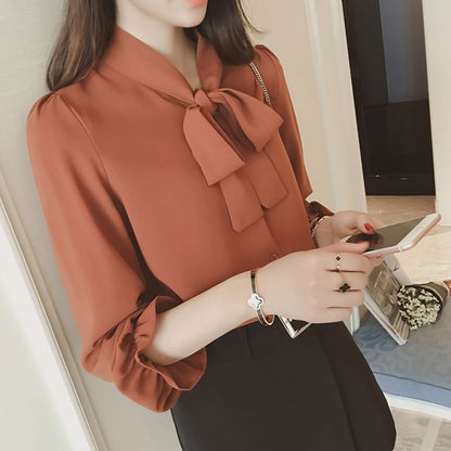 XIWYINSHE Spring and Autumn Clothing Lantern Sleeve Shirt Korean Style Loose Bow Top Drawstring Chiffon Shirt Women's Long Sleeve Fashion