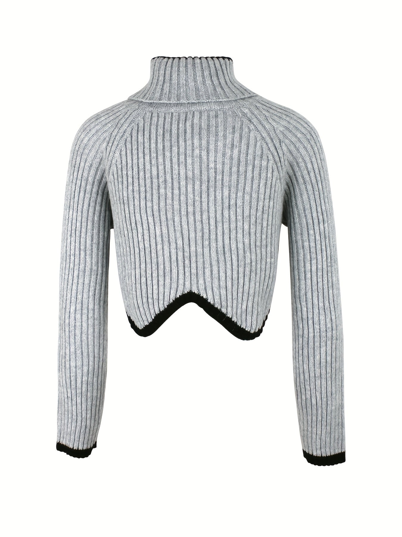 Contrast Trim Turtle Neck Sweater, Casual Long Sleeve Crop Sweater For Spring & Fall, Women's Clothing