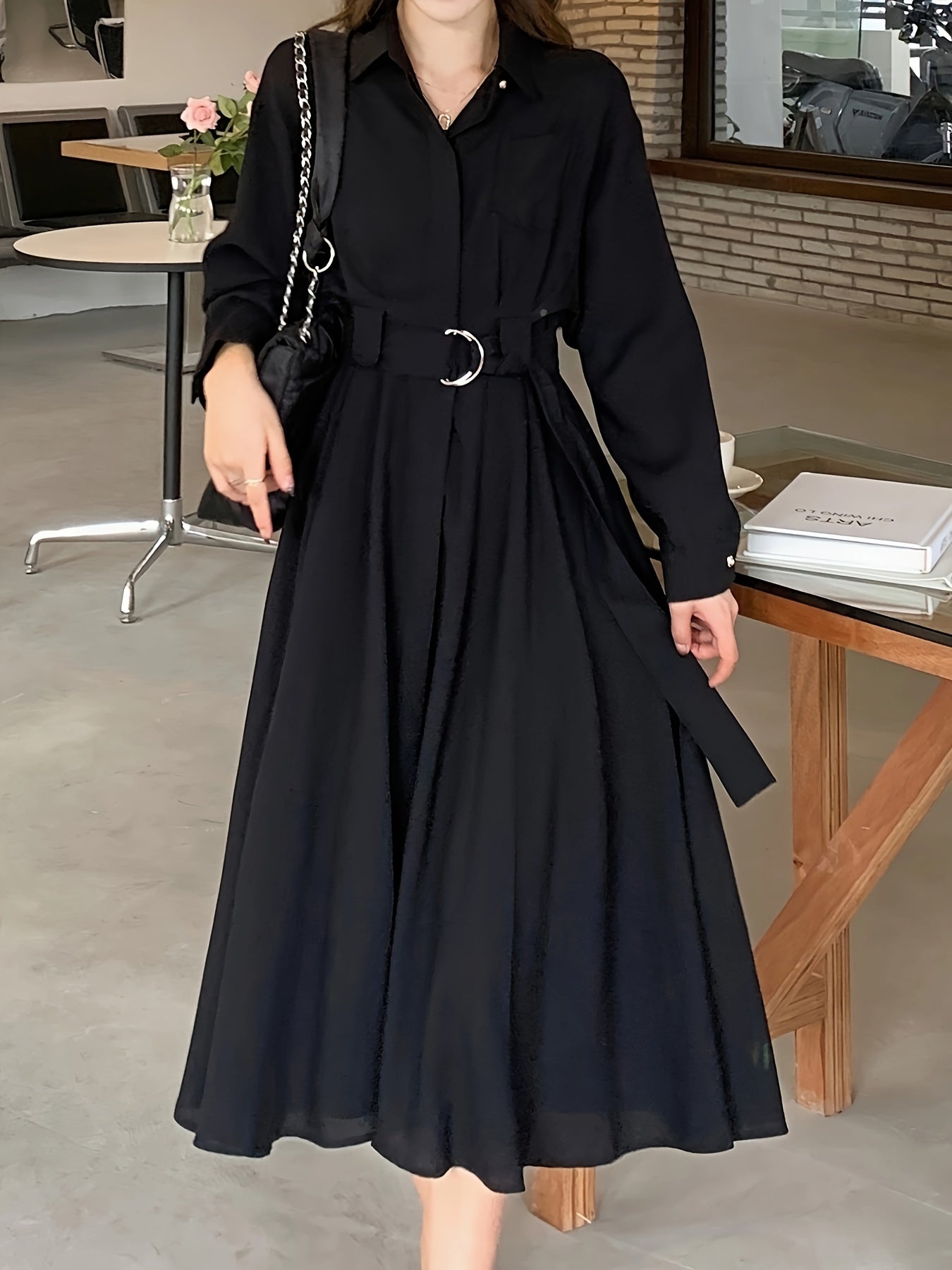xieyinshe  Solid Lapel Neck Belt Dress, Elegant Long Sleeve Flare Midi Dress, Women's Clothing