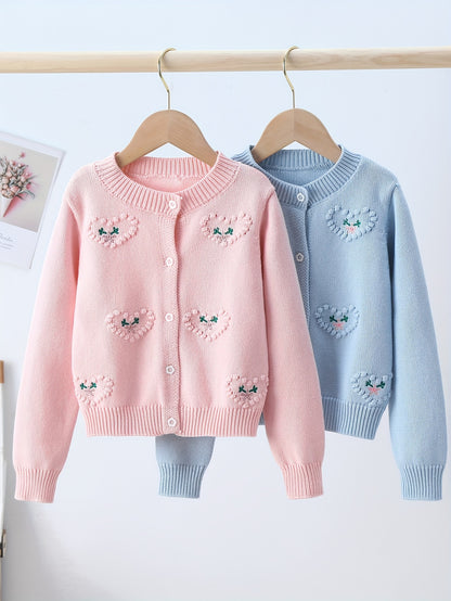 Girls Adorable Heart Embellished Pure Cotton Long Sleeve Jacquard Knit Cardigan Sweater for Everyday Fashion