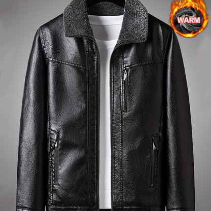 Warm Thick PU Jacket, Men's Casual Zipper Pockets Faux Leather Jacket Coat For Fall Winter