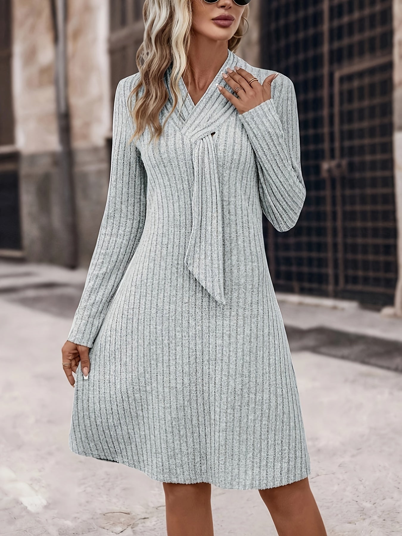 xieyinshe Solid Tie Decor Aline Dress, Elegant Long Sleeve Slim Dress For Spring & Fall, Women's Clothing