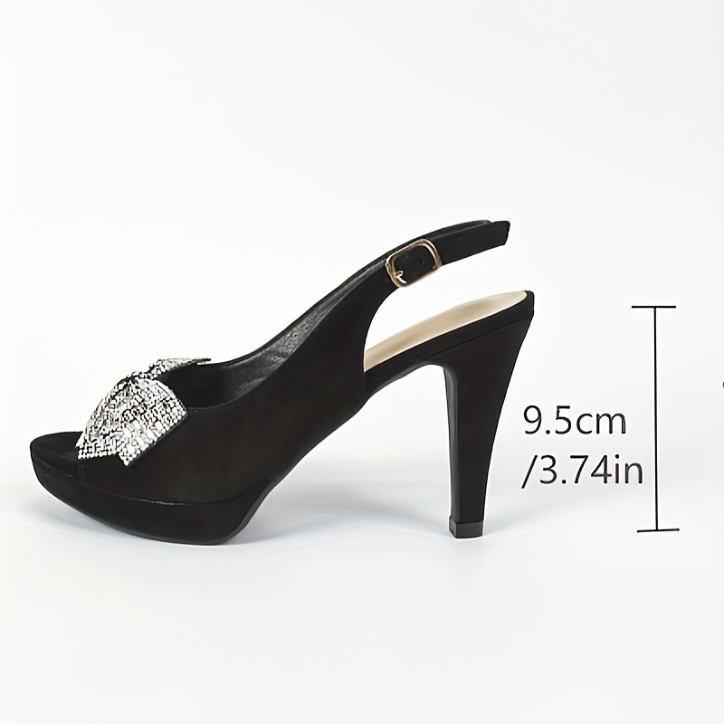 xieyinshe  Women's Rhinestone Bowknot Decor Stiletto Heels, Fashion Peep Toe Dress Pumps, Stylish Buckle Strap Slingback Heels