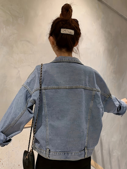 Blue Long Sleeves Denim Jackets, Asymmetrical Single Breasted Button Lapel Chic Denim Coats, Women's Denim Clothing