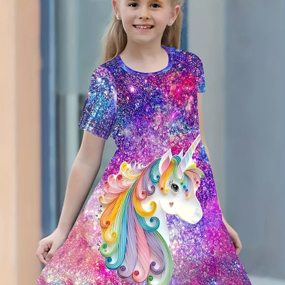 Midi Length Fitted Girls Starry Unicorn Digital Print Crew Neck Short Sleeve Casual Party Dress with Slight Stretch and Flared Hem