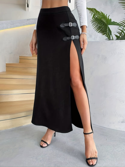 xieyinshe  Solid High Waist Skirt, Sexy Buckled Split Skirt For Spring & Summer, Women's Clothing