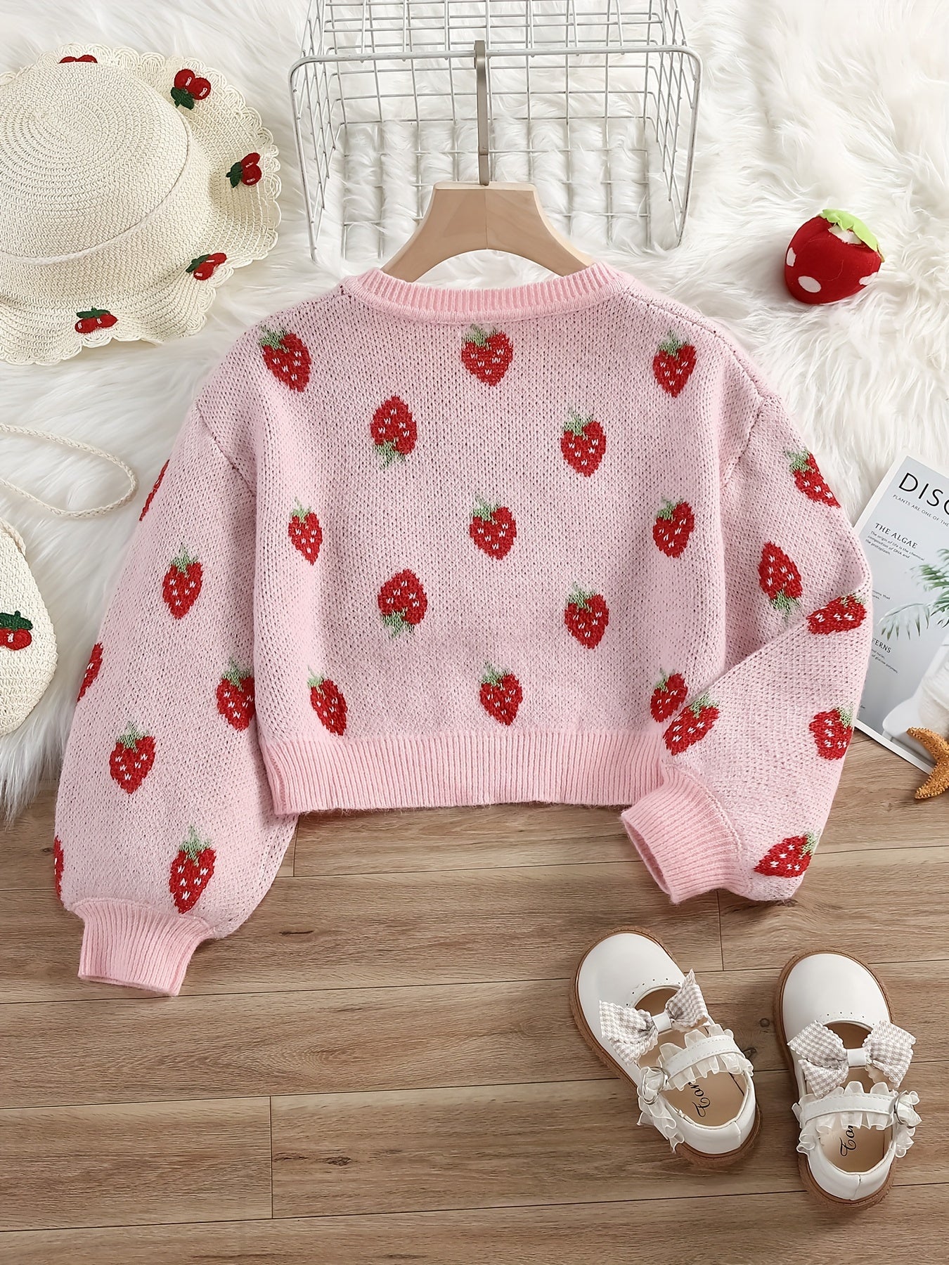 Cozy Strawberry Jacquard Knit Long Sleeve Sweater for Girls - Soft V-Neck Pullover Design, Cute and Stylish, Perfect for Casual Wear - Winter Fashion Essential