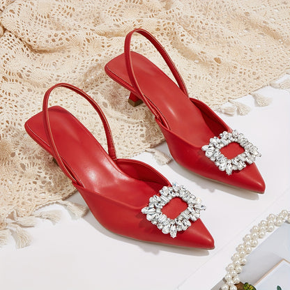 Chic All-Season Pointed-Toe Slingback Heels with Crystal Accents – Comfortable Faux Leather Sandals with Elastic Strap