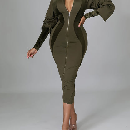 Zip Up Bodycon Dress, Casual Long Sleeve Solid Midi Dress, Women's Clothing