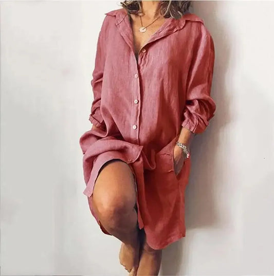 Autumn Cotton Linen Womens Shirt Dress Long Sleeve Solid White Casual Dresses Female Summer Women Plus Size Blouse 240407