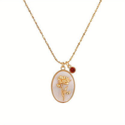 1 Pc Classic 3D Birth Flower On Oval White Shell Pendant Necklace