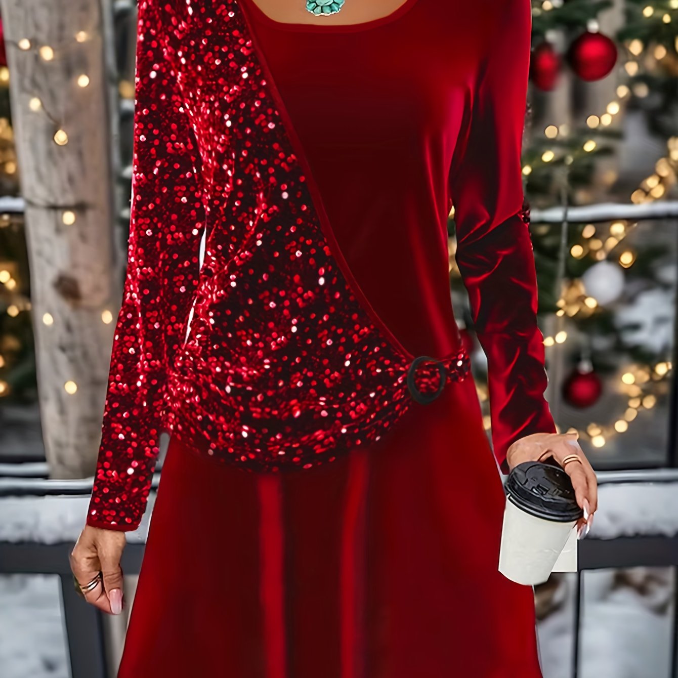 Sequin Decor Long Sleeve Dress, Stylish Crew Neck Dress, Women's Clothing