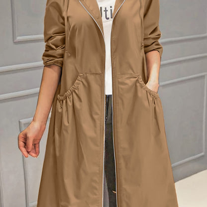 xieyinshe  Plus Size Casual Trench Coat, Women's Plus Solid Long Sleeve Hooded Drawstring Zipper Longline Trench Coat With Pockets