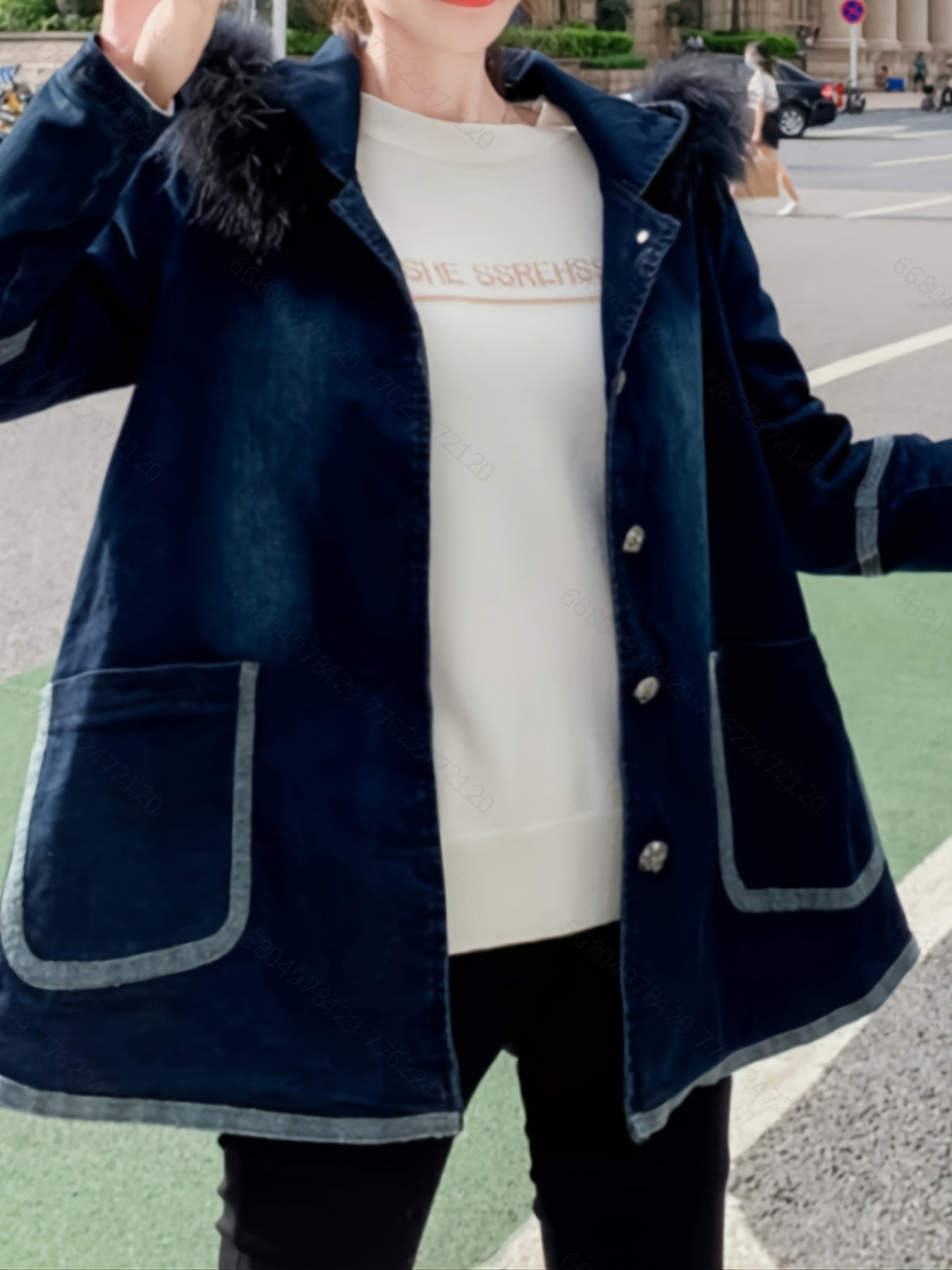 Furry Hood Contrast Trim Oversized Denim Coats, Loose Fit Patch Pocket Button Closure Denim Jackets, Women's Denim & Clothing