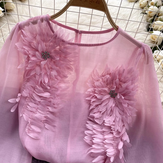 Korean fashion women's new design o-neck long sleeve 3D flowers patchwork pink color sweet blouse shirt tops