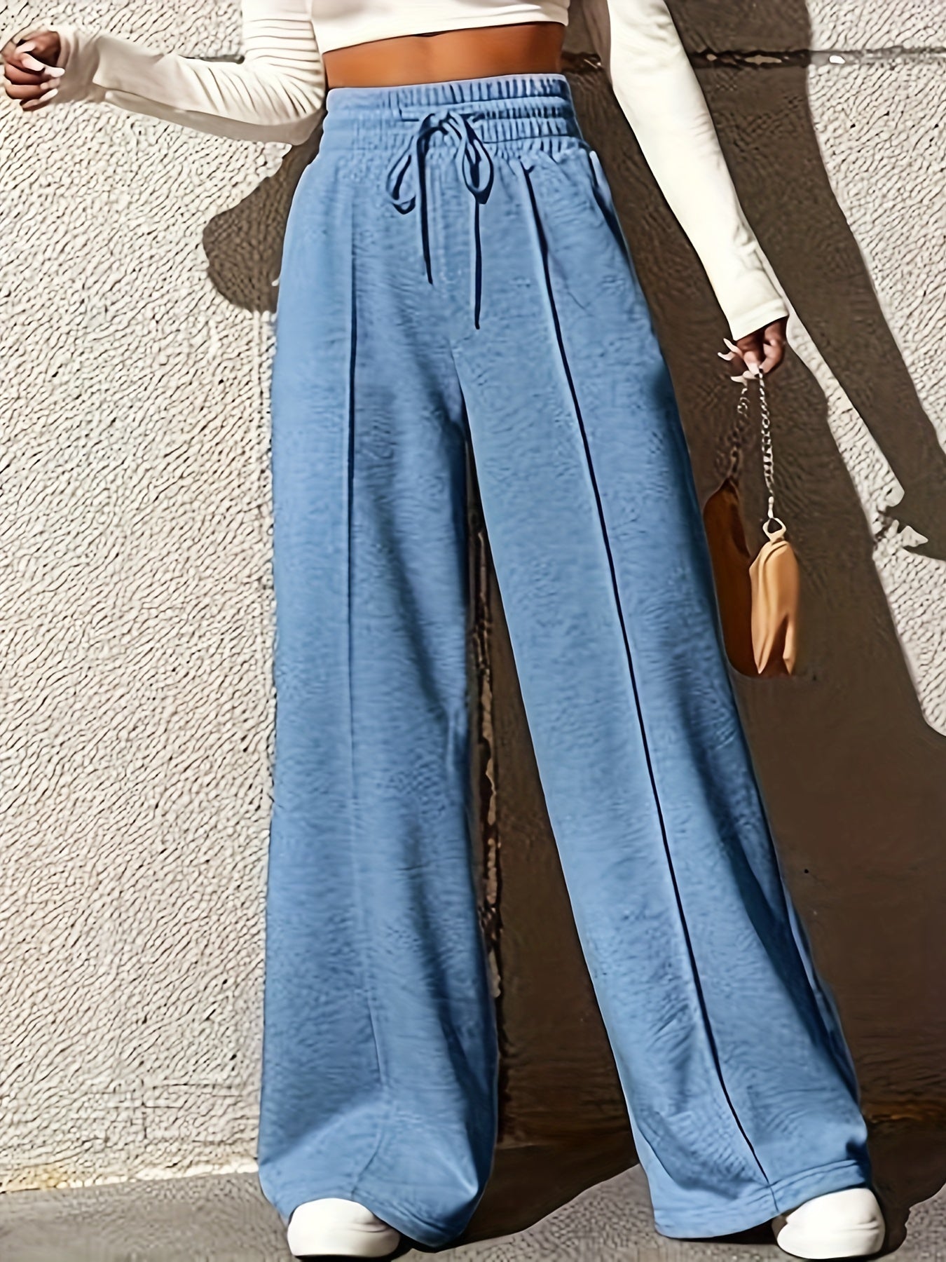 xieyinshe  Drawstring Loose Solid Pants, Casual Wide Leg Long Length Pants, Women's Clothing