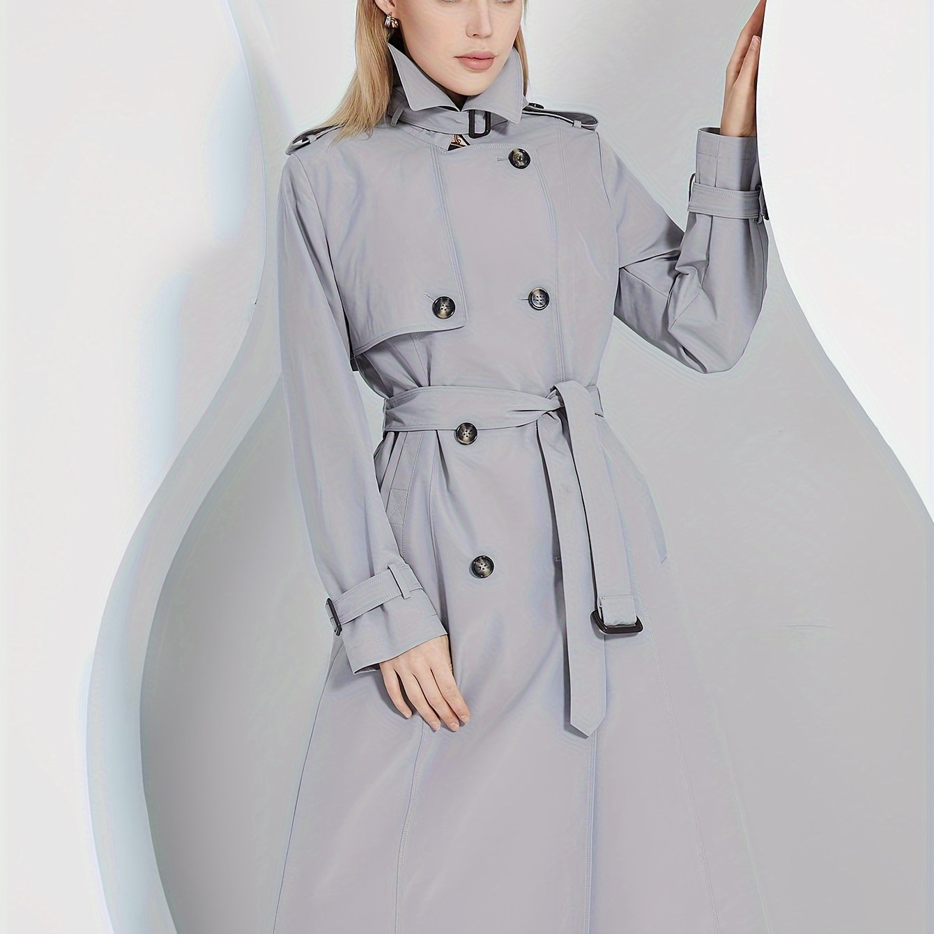 xieyinshe  Double Breasted Mid Length Trench Coat, Casual Solid Long Sleeve Outerwear, Women's Clothing