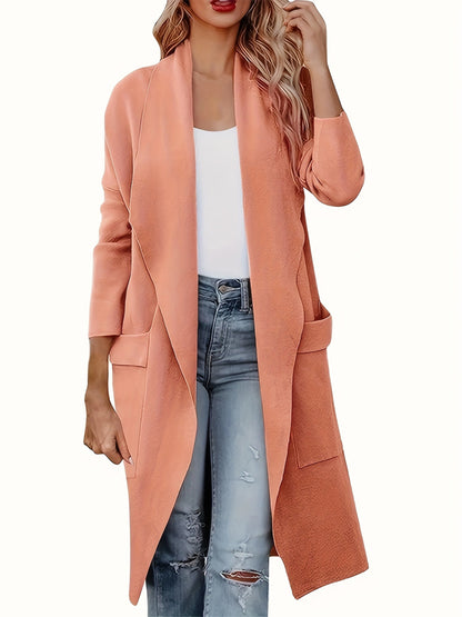 Solid Open Front Lapel Overcoat, Versatile Long Sleeve Patched Pockets Coat, Women's Clothing