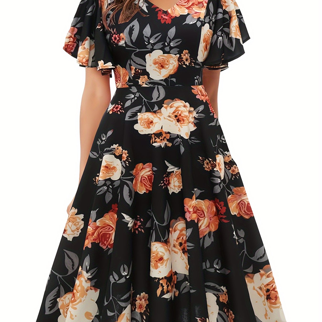 xieyinshe Floral Print Flutter Sleeve Dress, Casual V-neck Dress For Spring & Summer, Women's Clothing