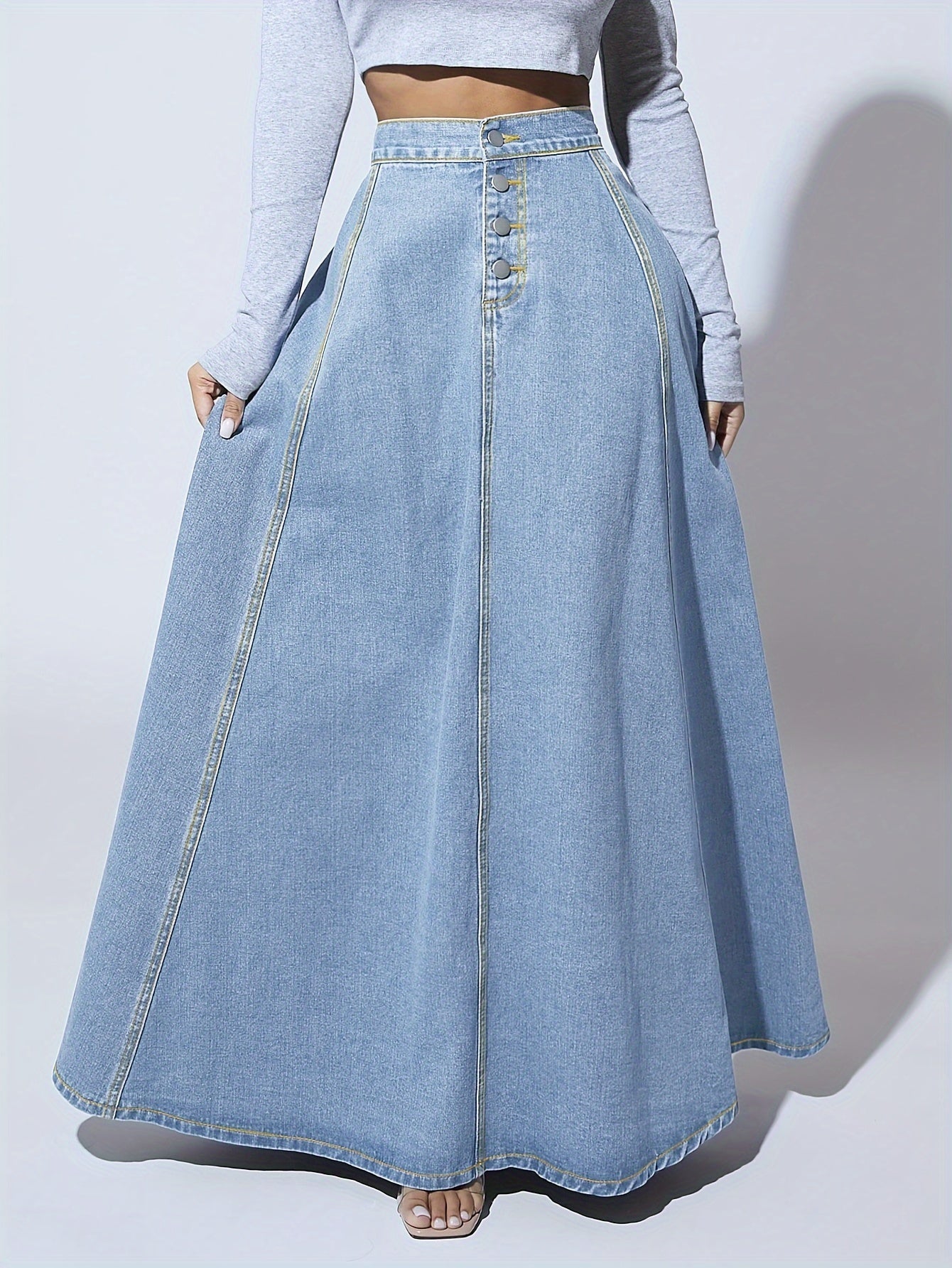 xieyinshe Single-Breasted Plain Maix Flare Denim Skirt, High Rise Washed Blue Retro Denim Skirt, Women's Denim Jeans & Clothing