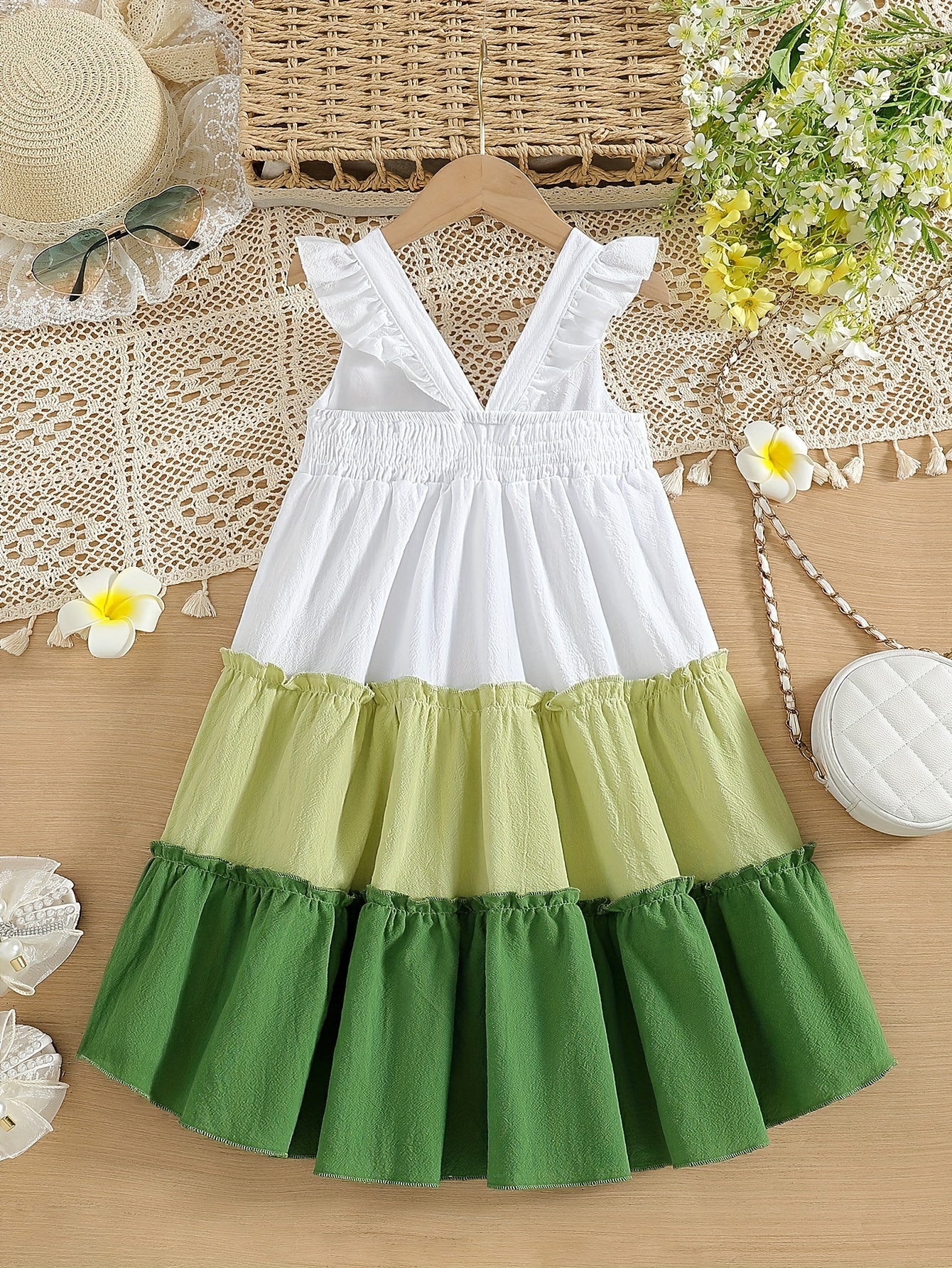 100% Cotton Little Princess Sleeveless Color Block Ruffle Trim Dress - Soft, Breathable, Regular Fit, Perfect for Summer Holiday Party and Outdoor Play - Girls Casual Wear