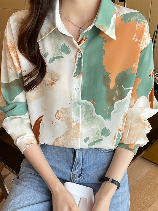 xieyinshe  Floral Print V-neck Lapel Blouses, Casual Loose Button Down Long Sleeve Fashion Shirts Tops, Women's Clothing