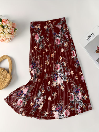 Vintage Floral Print Skirts, Elegant Pleated Tie Waist Daily Skirts, Women's Clothing