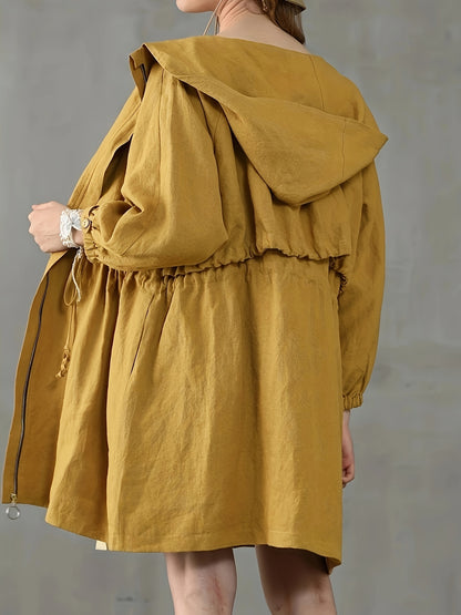 Plus Size Casual Trench Coat, Women's Plus Solid Drawstring Long Sleeve Zipper Hooded Trench Coat