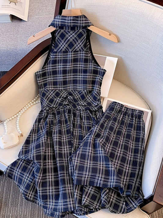 xieyinshe  Plaid Print Matching Two-piece Set, Button Front Sleeveless Lapel Dress & Elastic Waist Loose Shorts Outfits, Women's Clothing