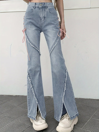 xieyinshe  Tie Side High Waist Flared Jeans, Split Front Raw Trim Washed Bell Bottom Denim Pants, Women's Denim Jeans & Clothing