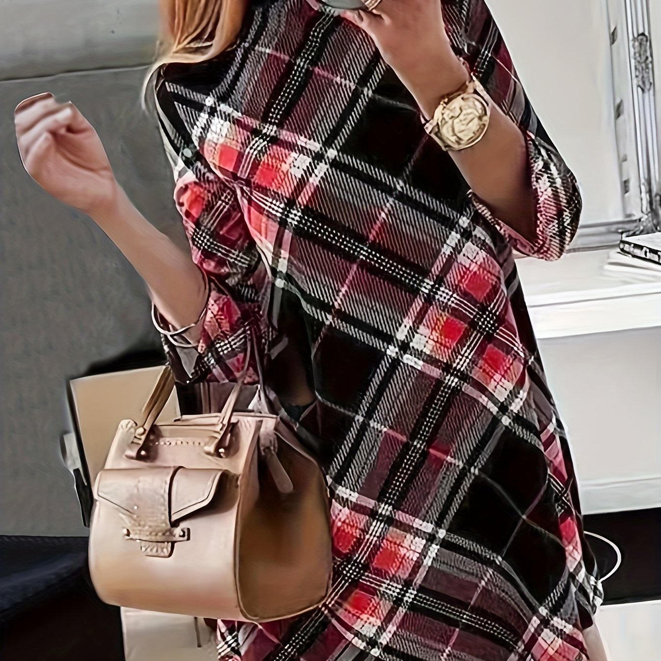 xieyinshe Plus Size Casual Dress, Women's Plus Plaid Print Half Sleeve Mock Neck Slight Stretch Mini Dress