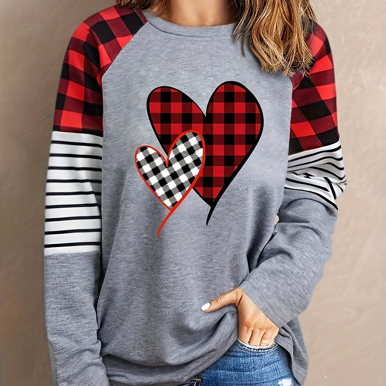 xieyinshe  Stripe & Plaid Heart Print Sweatshirt, Casual Long Sleeve Sweatshirt For Spring & Fall, Women's Clothing