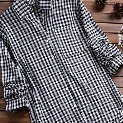 Gingham Print Classic Shirt, Vintage Button Front Long Sleeve Shirt With A Collar, Women's Clothing