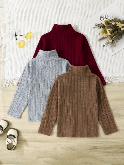 Three-color Set Girls Stripe Pattern Turtleneck Sweater For Fall Winter, Kids Casual Tops