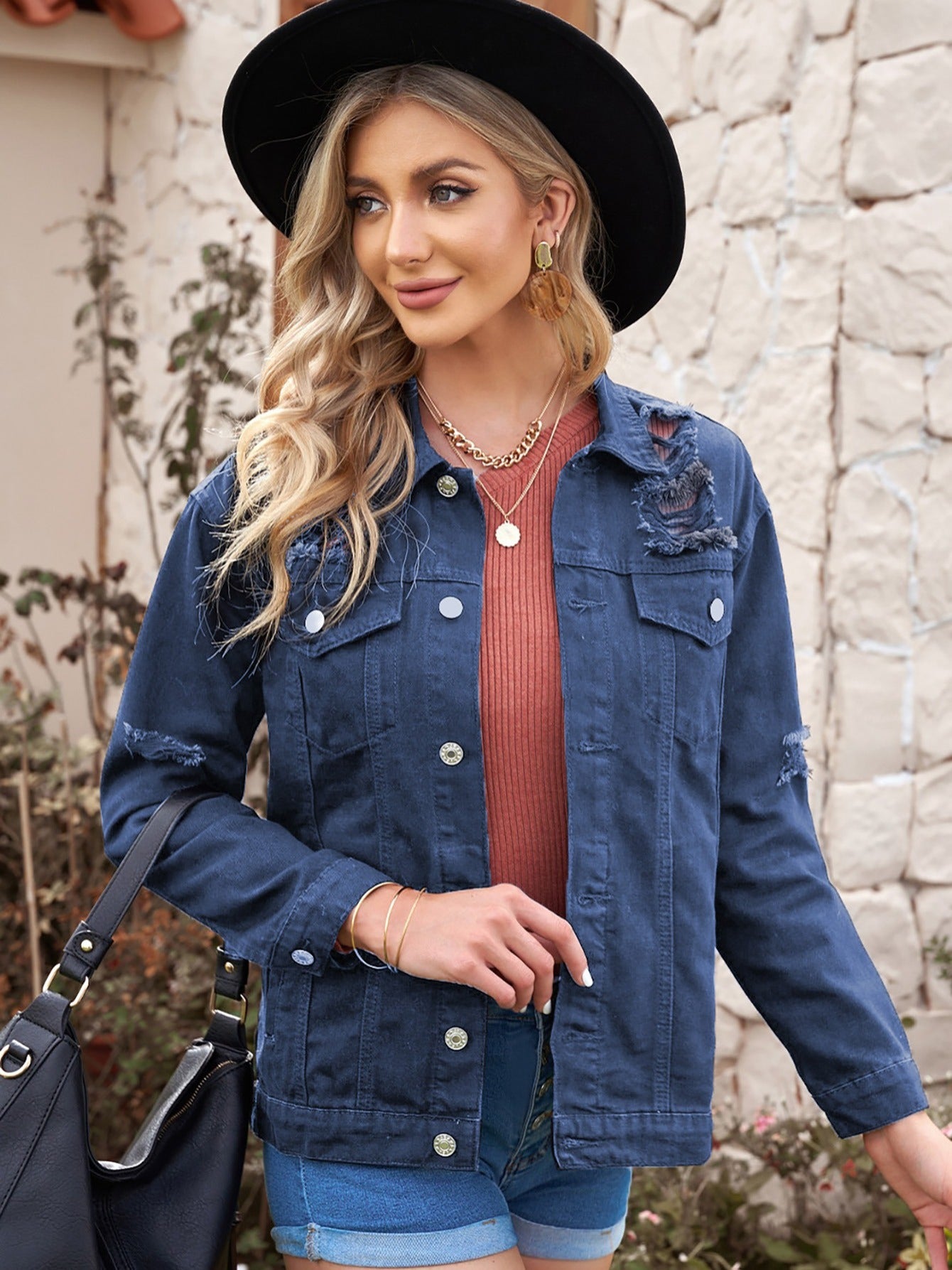 Distressed Button Up Denim Jackets, Casual Solid Color Flap Pockets Ripped Long Sleeve Denim Coats, Women's Denim Clothing