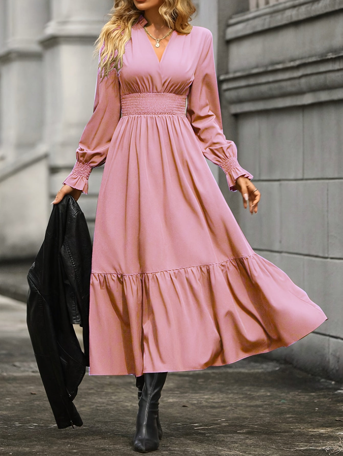 xieyinshe  Shirred High Waist Solid Dress, Elegant V Neck Long Sleeve Dress, Women's Clothing